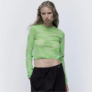 Zara NWOT Sheer Neon Green Floral Design in Metallic Mesh Crop Top Size S